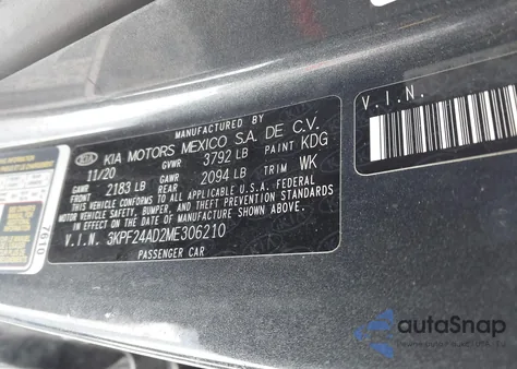 2021 Kia Forte Lxs из США, поврежденный, VIN 3KPF24AD2ME306210